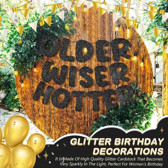 Older Wiser Hotter Glitter Banner Funny Birthday Banner Decorations (Black) - Picture 4 of 7